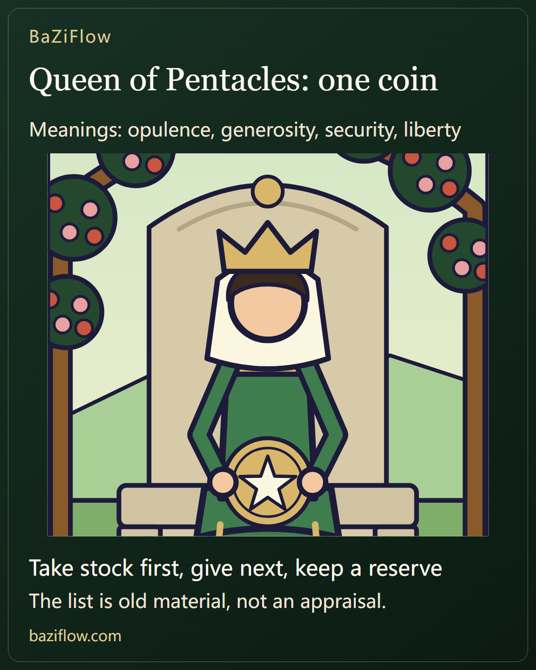 Queen of Pentacles: take stock, give, keep some